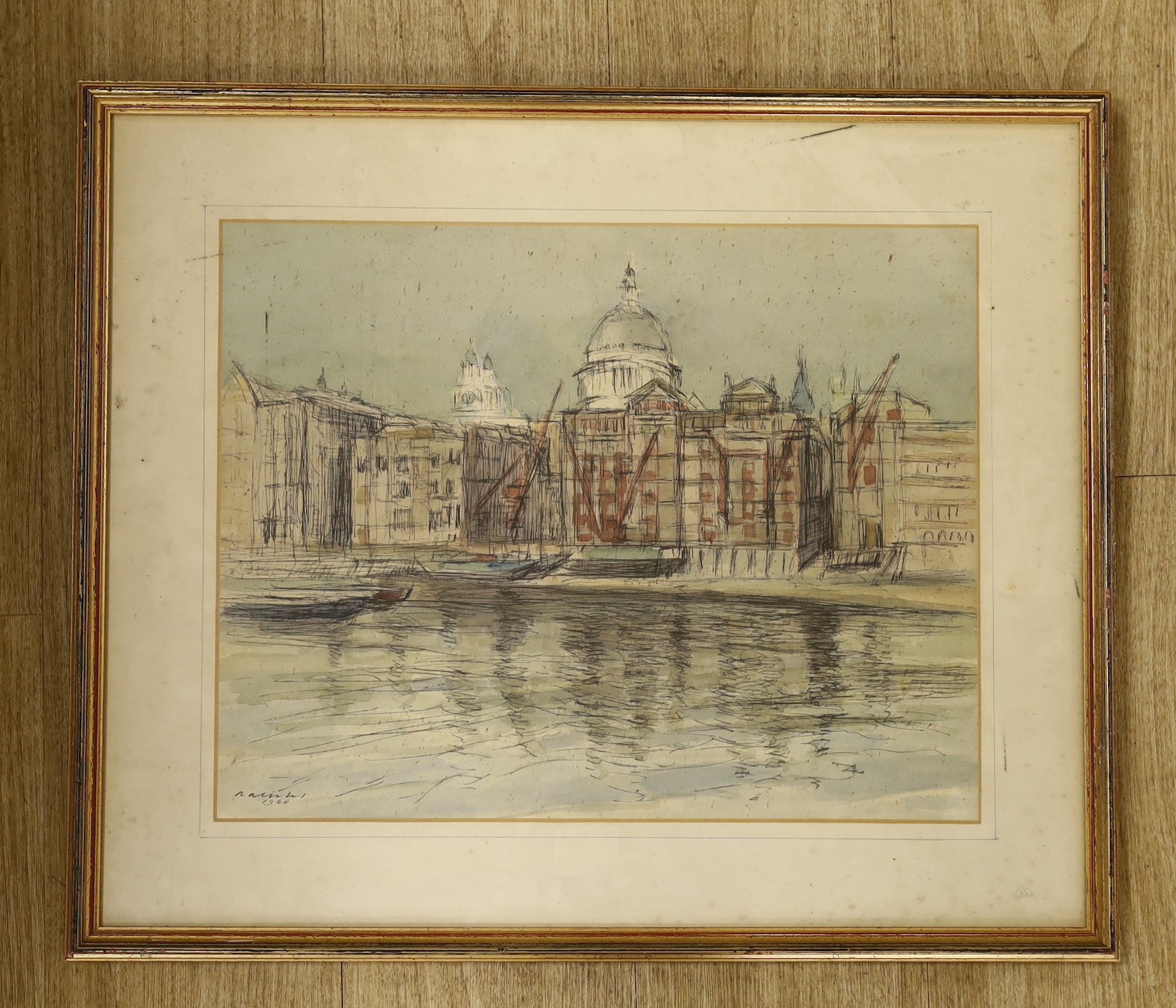 H.S. Ralphs (Wapping Group), watercolour, St Paul's from Bankside, signed and dated 1948, 37 x 47cm